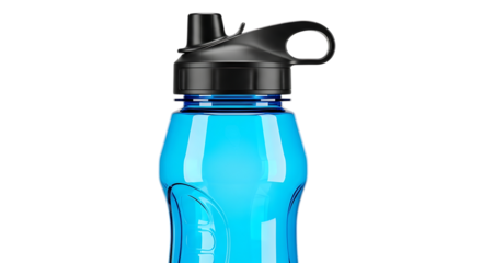 Blue plastic water bottle with black fliptop lid and carry loop, isolated on transparent background