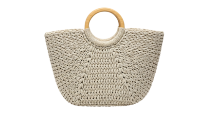 Woven straw tote bag with wooden handles, isolated on transparent background