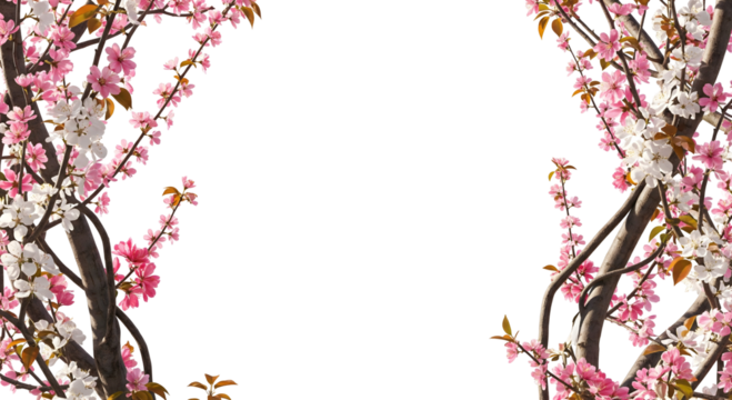 Vibrant cherry blossom branches frame a bright, empty space. The image showcases the beauty of spring, with delicate pink and white flowers, isolated on transparent background