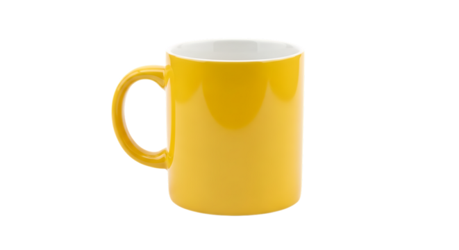 Yellow ceramic mug for hot beverages isolated on transparent background