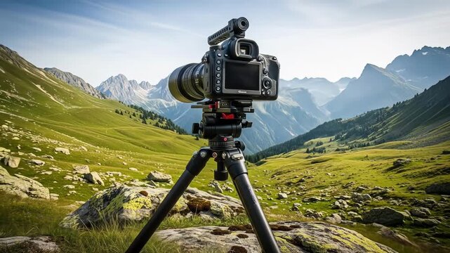 A camera sits on a tripod mountains in the background Green hills and a bright sky complete this landscape photography setup