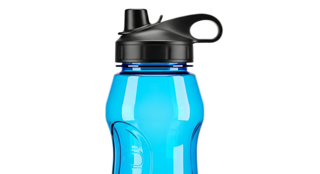 Blue plastic water bottle with black fliptop lid and carry loop, isolated on transparent background