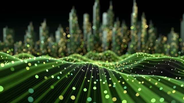 Futuristic digital city skyline emerging video from glowing green data waves representing technology innovation and artificial intelligence
