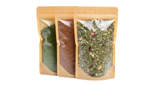 Three resealable pouches filled with dried herbs and spices isolated on transparent background