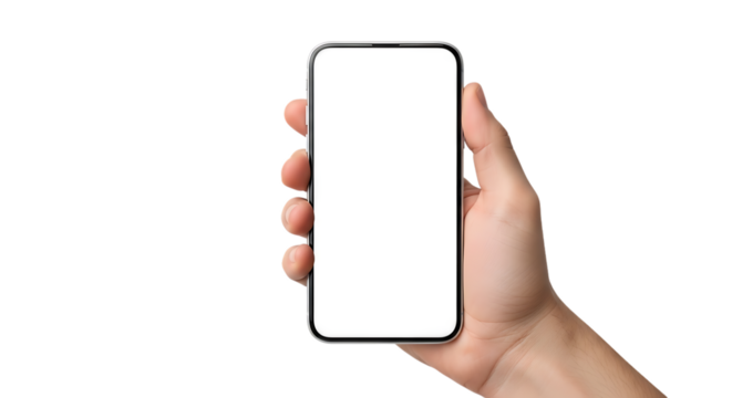 Hand holding a smartphone with a blank screen isolated on transparent background