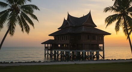 Obraz premium Luxury Tropical Getaway Ocean Villa Paradise Sunset Calm Evening