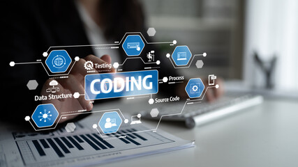 A focused business professional interacts with a digital interface highlighting coding concepts, showcasing data and process flow in a modern office environment. Tessel