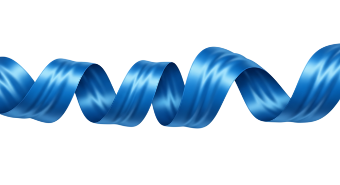 Curving blue ribbon flowing horizontally, isolated on transparent background