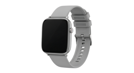 Gray smartwatch with a black screen and gray strap, isolated on transparent background