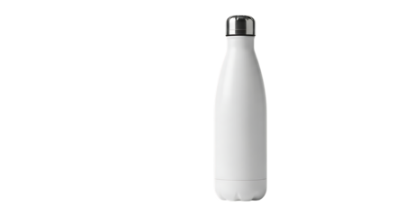 White reusable water bottle with a silver cap, isolated on transparent background