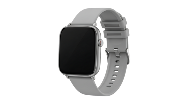 Gray smartwatch with a black screen and gray strap, isolated on transparent background