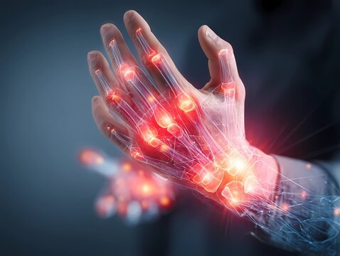 Hands with glowing joints showcase human anatomy and technology integration