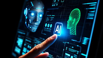 Human finger touches artificial intelligence interface displaying robot head and digital brain