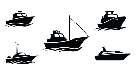 Simple black silhouettes of various boats sailing on wavy water