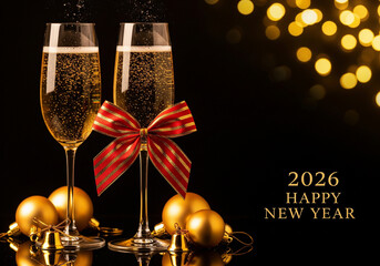 Happy New Year 2026 Celebration with Champagne Flutes and Gold Ornaments — Festive Ribbon and Sparkling Bokeh Lights