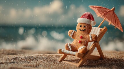Gingerbread man enjoys a sunny beach day by the ocean with a small umbrella