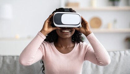 African American woman enjoying VR headset in modern living room, ideal for technology, virtual reality, gaming, innovation, cyber lifestyle, home entertainment and future concepts