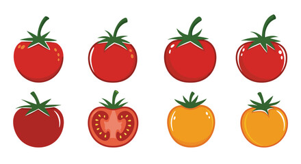 A collection of colorful tomatoes in various shapes and states of ripeness