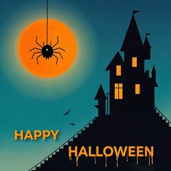 Happy halloween castle and spider on moon