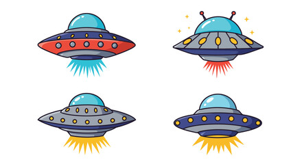 Colorful cartoon illustrations depicting four different flying saucers in space © Jesmin