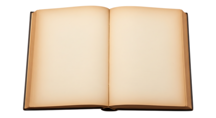 Open old book with blank aged pages isolated on transparent background