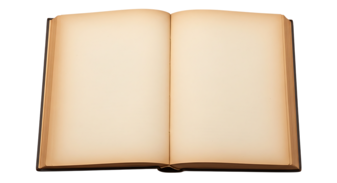 Open old book with blank aged pages isolated on transparent background