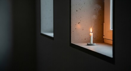 Candle Lit in Window: A solitary candle flickers with a warm, inviting glow, casting gentle shadows as it rests on a windowsill, imbuing the space with a sense of peace and tranquility.