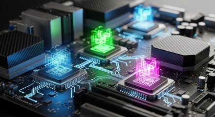 Futuristic Circuit Board with Glowing Holographic Data Streams and Processors