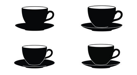 Simple black and white illustration of four coffee cups with saucers