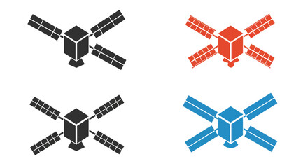 Illustrative depictions of satellites in varying colors and orientations