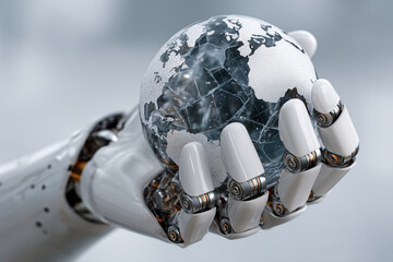 Android robot squeezing a glass globe in its hand until it breaks on a blurred grey background. Danger of modern AI technology concept, robots getting out of control. 