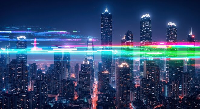 Futuristic Cyberpunk Cityscape at Night with Neon Light Streaks and Glitch Effects