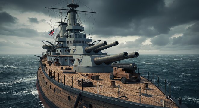 Vintage Battleship Maritime Power Epic Warship Against Ominous Sky - Powered by Adobe