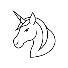 Outline drawing of a unicorn head in black and white on transparent background