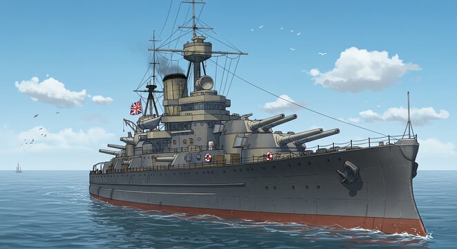 Vintage Battleship Cartoon Illustration World War Ship British Flag - Powered by Adobe