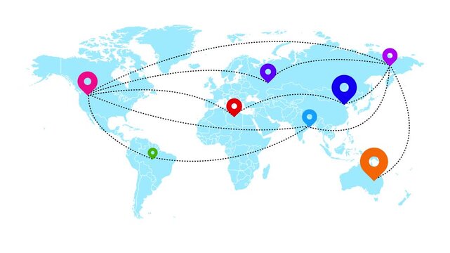 Digital World Map Animation with Pointers, Pins, and Global Connectivity Lines