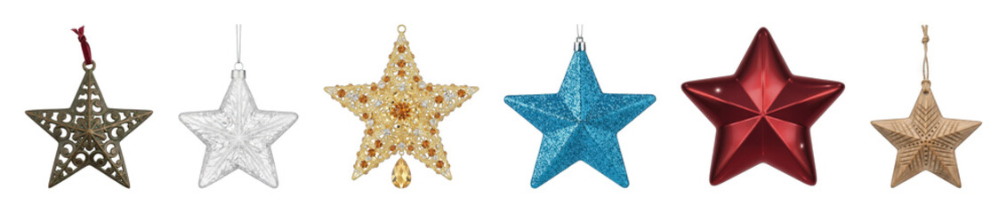 Obraz premium Holiday star ornaments set including gold, silver, red, blue, wood, and metallic glitter styles isolated. Festive decorations for seasonal design.
