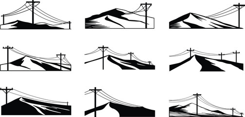 mountain, landscape, silhouette, utility, pole, power, line, electricity, grid, rural, infrastructure, vector, illustration, design, outdoor, scenic, energy, distribution, network, natural, terrain