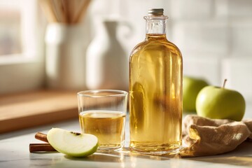 Fermented apple cider drink in a glass and bottle