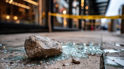 Stone and broken glass on pavement, yellow caution tape