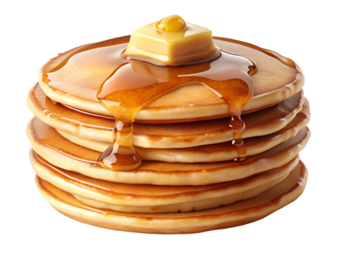 stack of fluffy pancakes with butter and syrup, transparent background