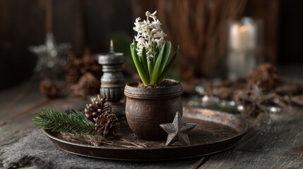 Rustic Christmas still life with blooming white hyacinths