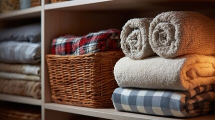 Neatly organized towels and blankets on a wooden shelf