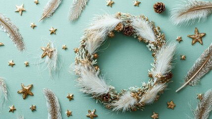 Handmade Christmas wreath decorated with natural feathers,