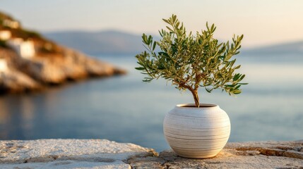 Small olive tree in a white ceramic pot