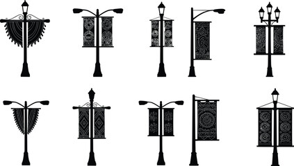 street, lamp, pole, silhouette, ornate, decorative, banner, panel, lantern, urban, outdoor, city, architecture, design, vector, illustration, public, lighting, cultural, artistic, signage © Bappi Creatives