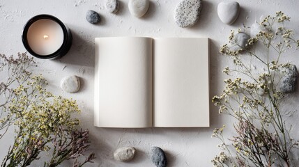 Flatlay with open blank notebook, purple flowers