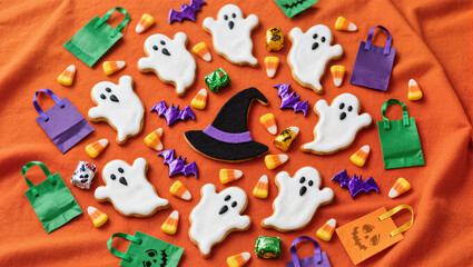 Fototapeta premium Halloween Flatlay Advertisement Orange Fabric Spooky Cookies Candy Corn Witch Hat Trick or Treat Bags