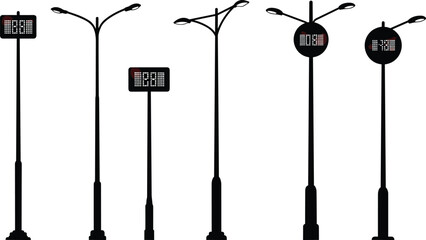street, lamp, smart, digital, display, pole, silhouette, modern, technology, urban, outdoor, city, architecture, design, vector, illustration, public, lighting, infrastructure, signage, information