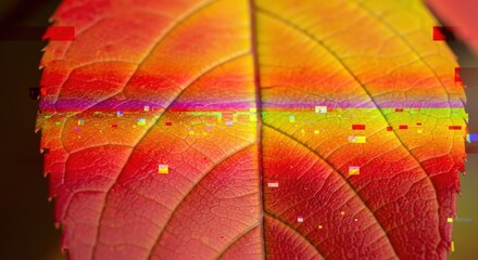 Glitched Autumn: Macro of Vibrant Red and Yellow Leaf with Digital Artifacts